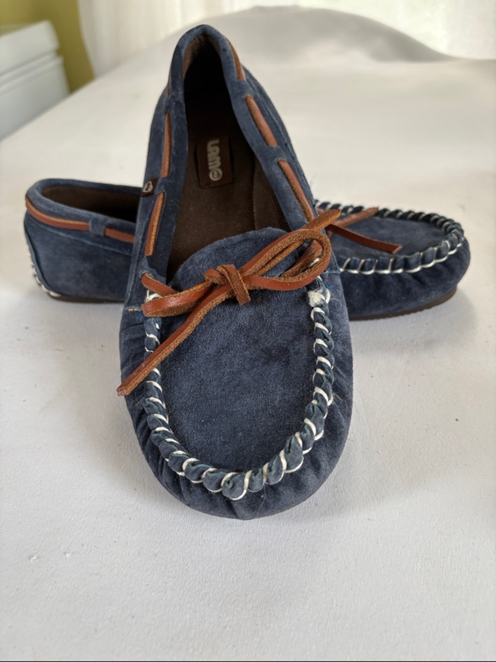 Lamo Blue Suede Loafers Rawhide Laces Size 7